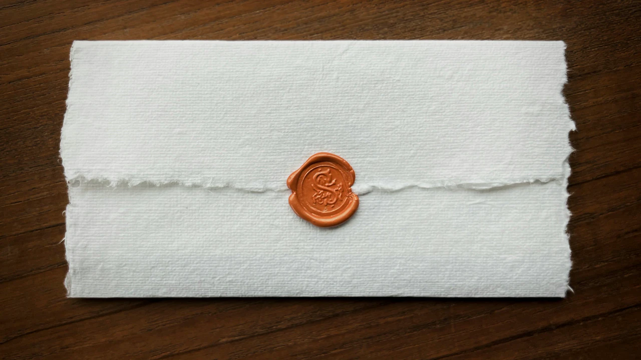 A folded paper letter, sealed with wax, on a wooden desk.