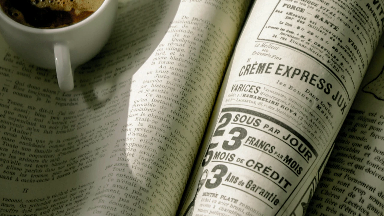 A folded newspaper and a cup of coffee on a desk, morning light.